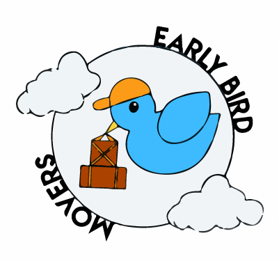 Early Bird Movers - blue bird carrying moving boxes